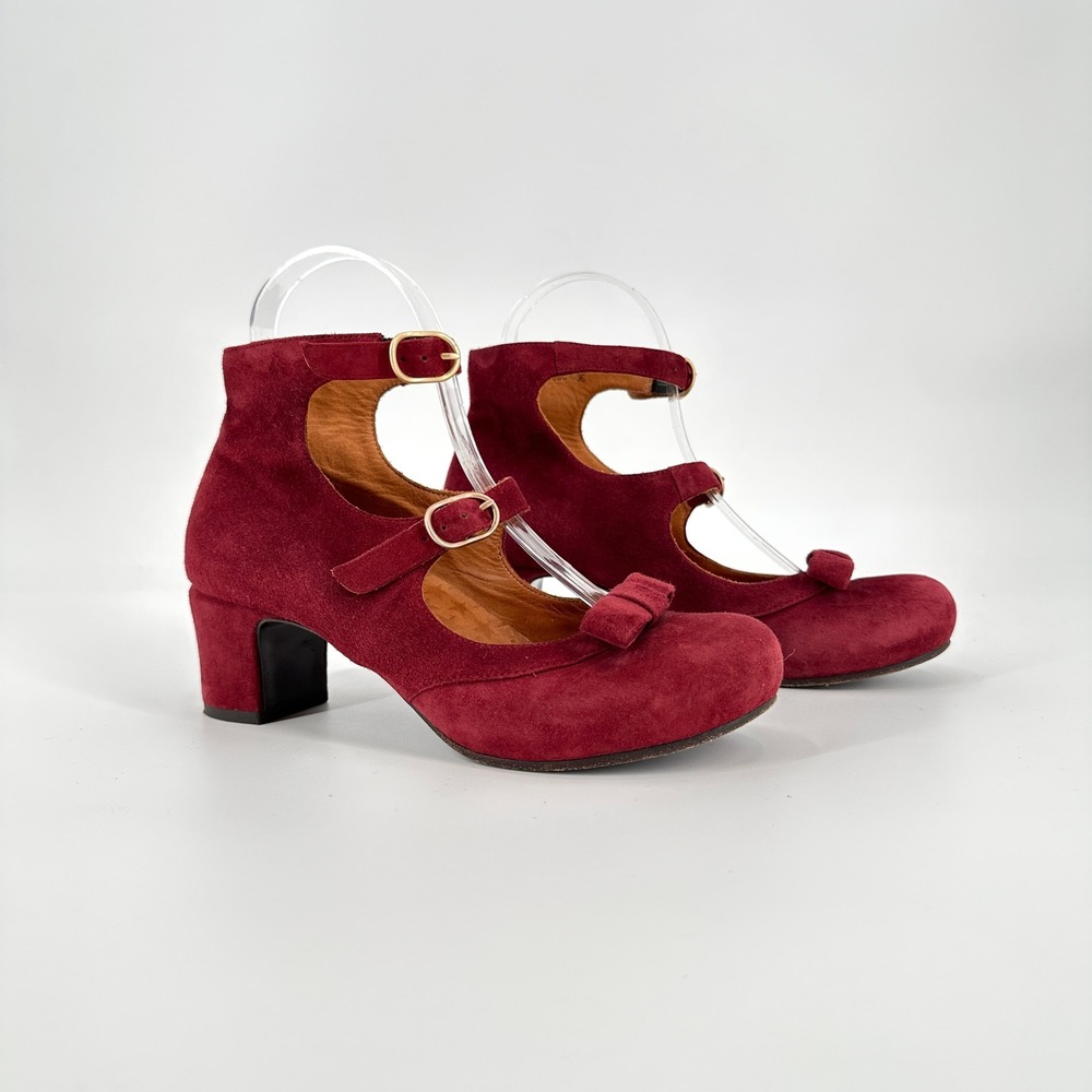 Chie Mihara Burgundy Red Suede Double Strap Mary Jane Bow Heels Women's 36‎ US 6 - Picture 2 of 10